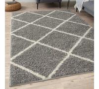 The Rugs Moroccan Shaggy Rugs And Runners Soft Fluffy Diamond Design High Pile Grey And Ivory Living Room Kitchen Hallway 510