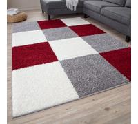 The Rugs Red Grey And Ivory Soft Checkerboard Design Fluffy Shaggy Rugs And Runners High Pile Living Room Kitchen Hallway 381