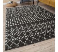The Rugs Soft Moroccan Diamond Shaggy Rugs And Runners High Pile Dark Grey And Ivory Living Room Kitchen Hallway 1040