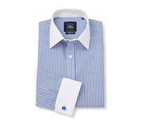 THE SAVILE ROW COMPANY LONDON Men's Classic Fit Blue White Stripe Poplin Non-Iron Formal Shirt - Double Cuff - 15.5" Collar - Standard Sleeve