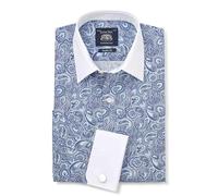 THE SAVILE ROW COMPANY LONDON Men's Classic Fit Cotton Poplin Double Cuff Winchester Formal Shirt - Blue Paisley Print - 16" Collar