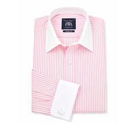 THE SAVILE ROW COMPANY LONDON Men's Classic Fit Cotton Poplin Formal Shirt - Double Cuff - Pink White Stripe with White Collar & Cuffs - 19.5" Collar - Standard
