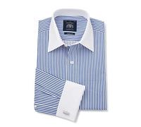 THE SAVILE ROW COMPANY LONDON Men's Classic Fit Cotton Twill Formal Shirt - Double Cuff - Blue Bengal Stripe - 17.5" Collar - Lengthened