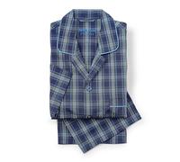 THE SAVILE ROW COMPANY LONDON Men's Luxury 100% Soft Cotton Poplin Pyjamas - Navy Blue Turquoise Check - Medium