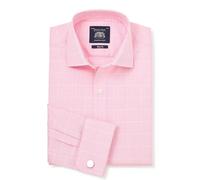 THE SAVILE ROW COMPANY LONDON Men's Slim Fit Cotton Poplin Long Sleeve Formal Shirt - Double Cuff - Pink White Prince of Wales Check - 15.5" Collar - Standard