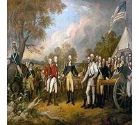 The scene of the surrender of the British General John Burgoyne at Saratoga on October 17 1777 was a turning point in the American Revolutionary War that prevented the British from dividing New Englan