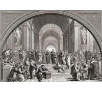 The School of Athens. The work shows the greatest academics from all disciplines and eras of the ancient world gathered together under one roof. After a 19th century engraving by English artist Albert
