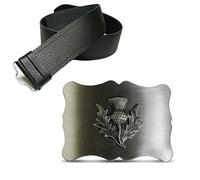 The Scotland Kilt Company Men's Grained Leather Kilt Belt in Black and Antique Thistle Buckle - Scottish Outfit Accessory - XL (42-52 In)