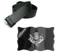 The Scotland Kilt Company Men's Grained Leather Kilt Belt in Black and Thistle Scalloped Buckle - Scottish Outfit Accessory - XL (42-52 In)