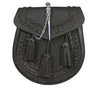 The Scotland Kilt Company Scottish Wedding Black Leather Braided Sporran with Thistle Pin Lock - Durable, Heavy Duty, Sturdy, Adjustable Waist Bag