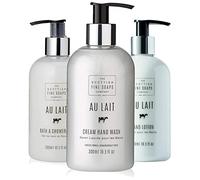 The Scottish Fine Soaps Company Au Lait Gift Set includes Cream Hand Wash, Hand Lotion Moisturiser and Bath & Shower Gel all 300ml Bottles with Pump Dispenser