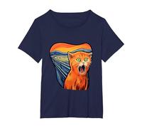 The Scream with cat Art Screaming cat T-Shirt, Women's Plus, Navy Blue, 1X
