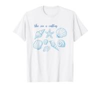 The Sea Is Calling Shell Starfish Ocean Beach Graphic Tee T-Shirt