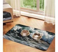 The Sea Waves Dog Food Mat, Absorbent Pet Feeding Mat for Food and Water Bowls Non-Slip Placement Pad for Floors Waterproof Quick Dry Water Dispenser Mat for Dogs Puppy Cats 12x18 Inch
