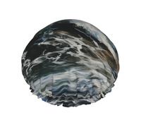 The Sea Waves Shower Cap for Women Men Large Reusable Shower Bonnet Double-Layer Waterproof Bath Caps Elastic Band Hair Hat for All Hairstyles, Travel-Friendly