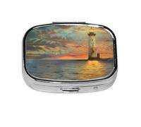 The Seaside Lighthouse_1 Square Mini Pill Case, Compact Metal Pocket Pill Box with 2 Compartments for Travel