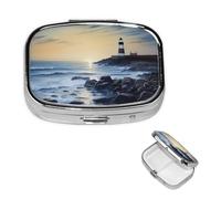 The Seaside Lighthouse Pill Box 2 Compartment Medicine Pill Organizer Square Pill Case for Purse & Pocket Travel Pillbox Portable Metal Medicine Vitamin Fish Oil Organizer Unique Gift