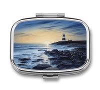 The Seaside Lighthouse Pill Box 2-Compartment Portable Travel Square Pill Case Daily Pill Holder with Store Vitamins Pocket Medicine Organizer for Office Home Fish Oil