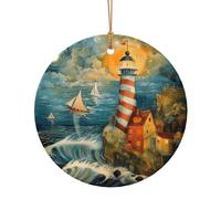The Seaside Lighthouse Print Ceramic Round Pendant For Travel Ornaments For Home Decor Christmas Ornament