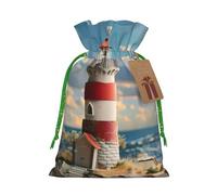 The Seaside Lighthouse Print Christmas Bag Drawstring Sack For Presents Xmas Seasonal Decor Gift Party Supplies