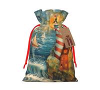 The Seaside Lighthouse Print Christmas Drawstring Bags Xmas Candy Bags Reusable Party Gifts Wrapping Bags