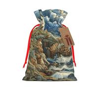 The Seaside Lighthouse Print Christmas Drawstring Gift Bags With Cards For Xmas Party Decorations Holiday