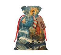 The Seaside Lighthouse Print Christmas Wrapping Bags Gift Bags With Drawstring, Xmas Party Presents And Favors