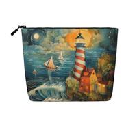 The Seaside Lighthouse Print Cosmetic Bag for Women,Faux Linen Makeup Bag Large Capacity,Perfect for Travel Daily Use