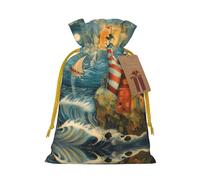 The Seaside Lighthouse Print Drawstring Pouch For Gifts,Reusable Adorable Gift Bags,Perfect For Jewelry And More