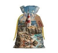 The Seaside Lighthouse Print Drawstring Pouches For Gifts,Reusable Fabric Gift Bags,For Holiday And Party Presents