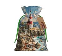 The Seaside Lighthouse Print Drawstring Pouches For Gifts,Reusable Fabric Gift Bags,For Holiday And Party Presents