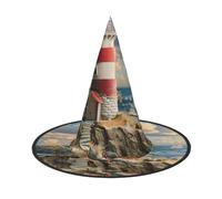 The Seaside Lighthouse Print Halloween Witch Hat Carnival Costume Accessory Cap Foldable For Parties Roleplaying, Black, 1