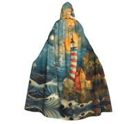 The Seaside Lighthouse Print Hooded Cloak Halloween Cosplay Carnival | 190cm Long Witch Wizard Capes Christmas Renaissance Themed Party Unisex