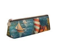 The Seaside Lighthouse Print Large Capacity Leather Pencil Case Smooth Zippered Pen Pouch School Travel Makeup