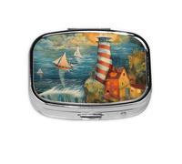 The Seaside Lighthouse Print Pill Box, 2 Large Compartmensts to Moistureproof Portable Pill Box Organiser for Travel