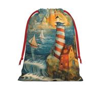 The Seaside Lighthouse Print Reusable Drawstring Gift Bags For Candy Bag Birthday, Wedding Or Daily