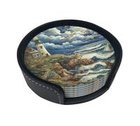 The Seaside Lighthouse Print Round Coaster for Drink Leather Coasters Set of 6,Heat-Resistant for Home Decor