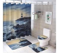 The Seaside Lighthouse Shower Curtain Set 4 Piece, Non-Slip Bath Mat with Toilet Lid Cover and Waterproof Shower Curtain with 12 Hooks, Complete Bathroom Set for Home Decor