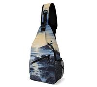 The Seaside Lighthouse Sling Bag with Rfid Blocking Causal Mens Crossbody Bag Lightweight Chest Pack Large Man Purse Travel Crossbody Backpack Shoulder Sling Backpack for Hiking Running Cycling
