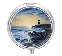 The Seaside Lighthouse Travel Pill Box Case 3 Compartment Cute Pill Organizer Metal Pill Holder with Mirror Small Medicine Organizer Daily Pill Container for Purse Pocket Portable Meds Box