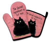 The Secret Ingredient is Cat Hair, Fun Oven Mitts and Potholders Set, Silicone Non-Slip Insulation, Black Cat Style, Great Gift for Female Chefs, with Hanging Loop