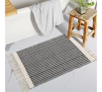 The Seeker Boho Bath Mat, Washable Thin Door Mat Indoor, Small Black Woven Cotton Rug with Tassels for Bedroom, Low Pile Carpet for Entrance, Kitchen, Bathroom or Laundry
