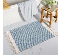 The Seeker Boho Bath Mat, Washable Thin Inside Door Mat, Soft Absorbent Kitchen Rug, Small Blue Woven Cotton Rug with Tassels, Low Pile Carpet for Entrance, Bathroom, Bedroom or Laundry