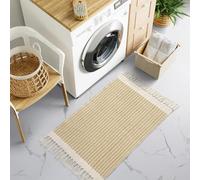 The Seeker Boho Bathroom Mat, Washable Thin Indoor Door Mat, Soft Absorbent Kitchen Rug, Small Tan Woven Cotton Area Rug with Tassels, Low Pile Carpet for Front Door, Bath, Bedroom or Laundry
