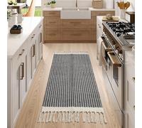 The Seeker Boho Hallway Runner, 60×130 cm Washable Black Runner Rug for Kitchen, Woven Cotton Low Pile Farmhouse Carpet Runner with Tassels for Hall, Front Door, Bedroom, Bathroom or Living Room