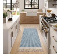 The Seeker Boho Hallway Runner, 60×130 cm Washable Blue Runner Rug for Kitchen, Woven Cotton Low Pile Farmhouse Carpet Runner with Tassels for Hall, Front Door, Bedroom, Bathroom or Living Room