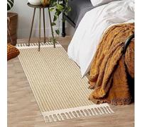 The Seeker Hand Woven Tan Area Rug 60x130cm, Washable Cotton Flat Weave Rug with Tassels for Kitchen, Entryway, Bedside or Narrow Spaces