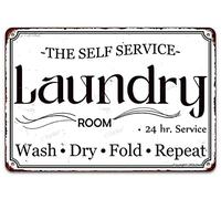 The Self Service Laundry Room Wash Dry Fold Repeat VintageTin Sign Metal Hanging Plaque Wall Art Decor 12X8 Inch for Home Cafe Kitchen Bar Cave Office Farm