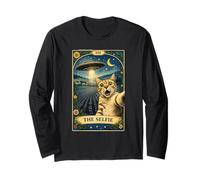 The Selfie Cat Tarot Card UFO Alien Sci Fi Parody Invasion Long Sleeve T-Shirt