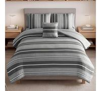 The Sheet Lab Lyon Stripe Bed in a Bag Comforter Set, Gray, Queen, Reversible Bedding Set